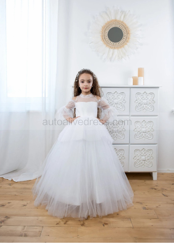 Cold Shoulder White Polka Dotted Lace Tulle Flower Girl Dress